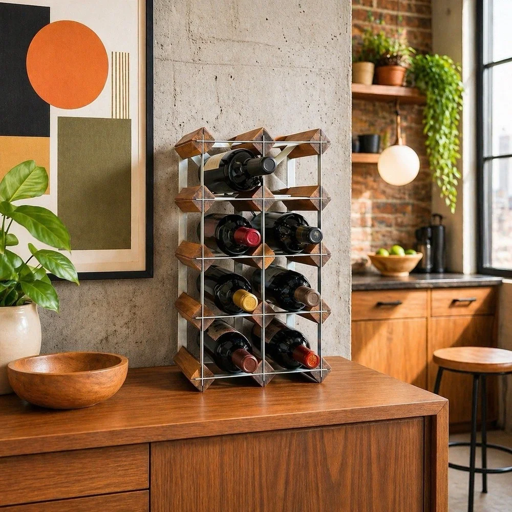 Vintage MCM Wood Metal Wine Rack 8 Bottle Scandinavian Wall Counter Bar